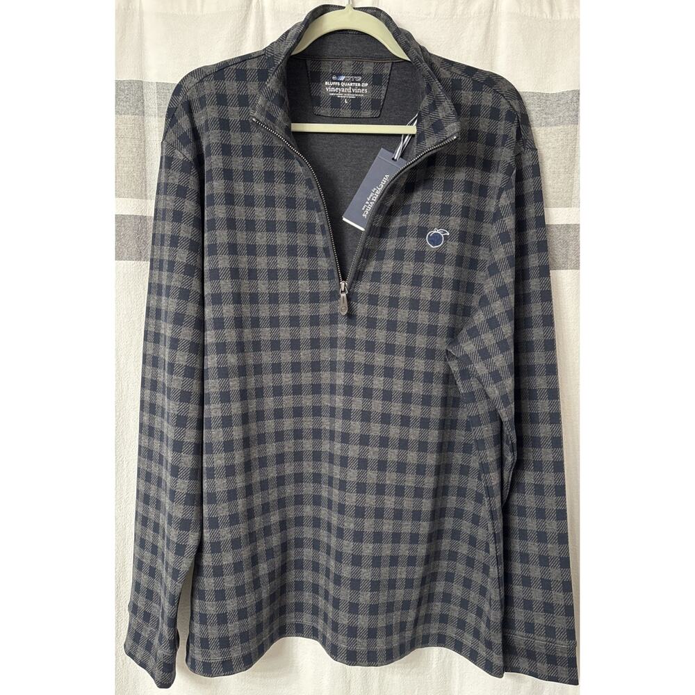 NWT Vineyard Vines OTG Mens Large Bluffs Quarter 1/4 Zip Sweatshirt Gray Plaid